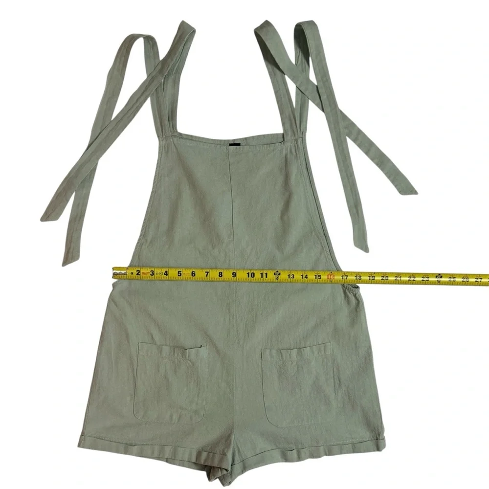 SHEIN Women Cotton Bib Shortalls Romper Sage Green Tie Strap Pockets